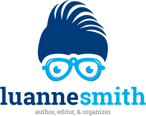 Luanne Smith, writer, editor, organizer logo with blue tones, spiky hair, and glasses